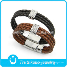 Mens Triple Wrap Braided Leather Bracelet Stainless Steel Magnetic Clasp Leather Bangle Latest Design Bangle for Men